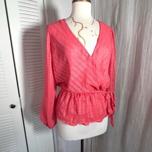 INC International Concepts  Blouse Size M Women’s Hot Pink Sheer Front Tie Top